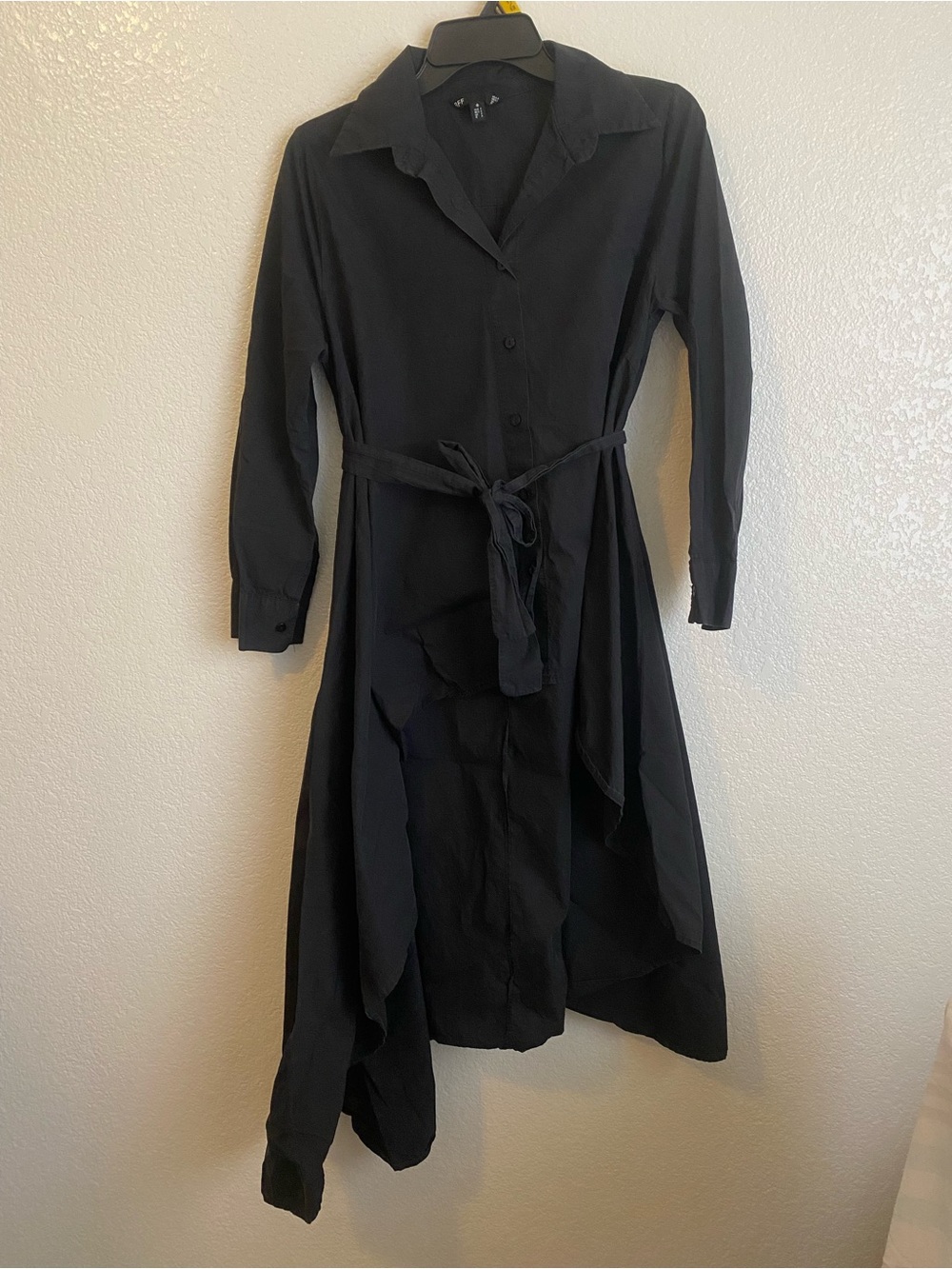 BFF Asymmetrical Black Shirt Dress with Waist Tie Office Casual